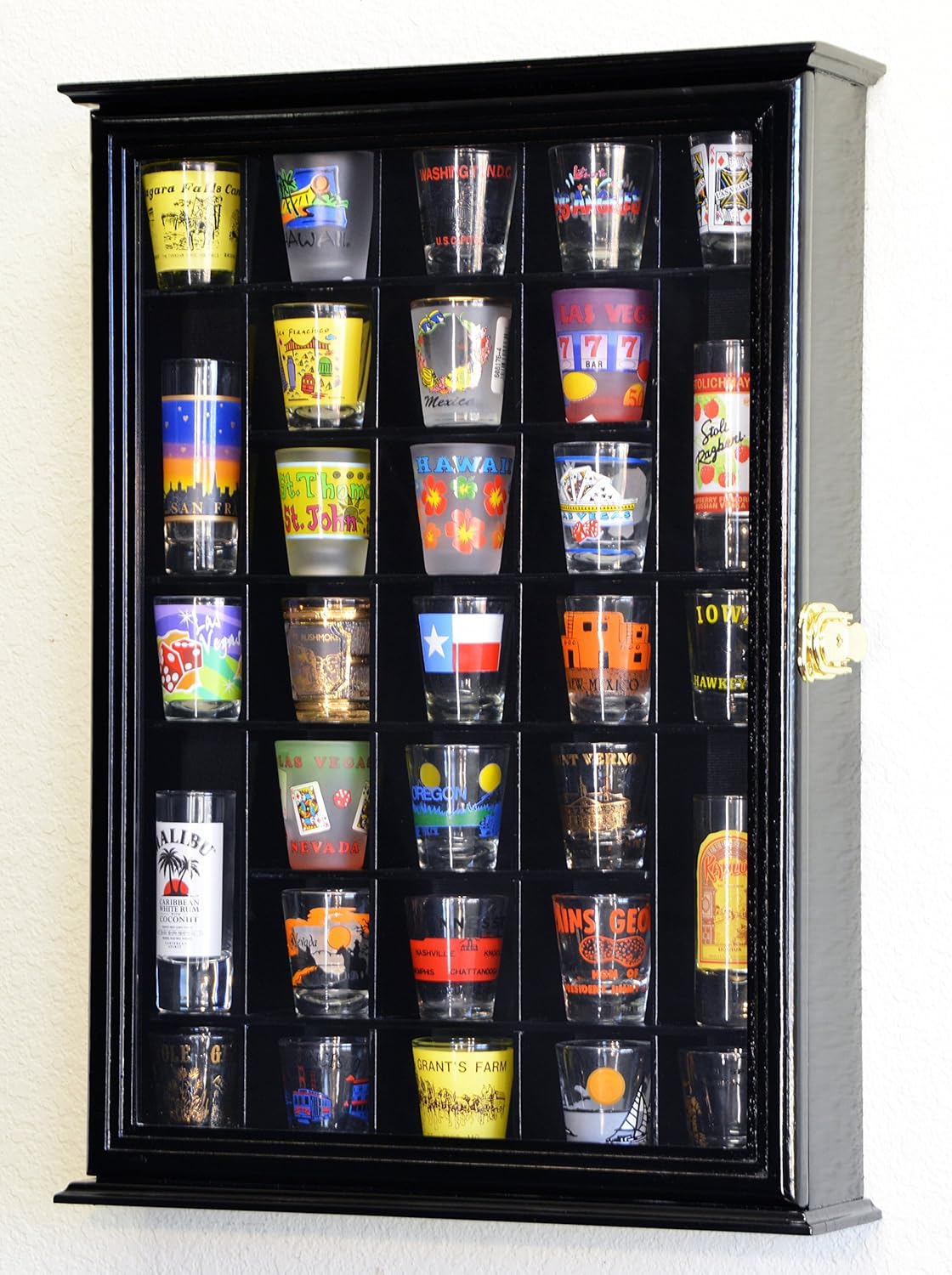 Walnut Shot Glass Display Case Cabinet Wall Rack E269029